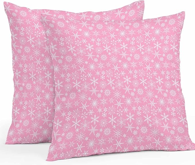 Pink Christmas Outdoor Pillow Cover 20x20 Inch Cushion Sham Case, Modern Winter Xmas White Snowflakes Waterproof Decorative Square Throw Pillowcase for Outside Garden Patio Porch Couch Chair Tent