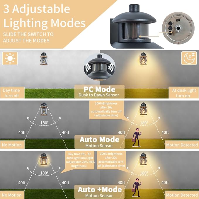 Dusk to Dawn Motion Sensor Outdoor Porch Light with GFCI Outlet,3 Lighting Modes Anti-Rust Waterproof Industrial Outdoor Lantern,Exterior Work lights Rustic Wood-Like Finish Wall Light (Brown, 1 Pack)