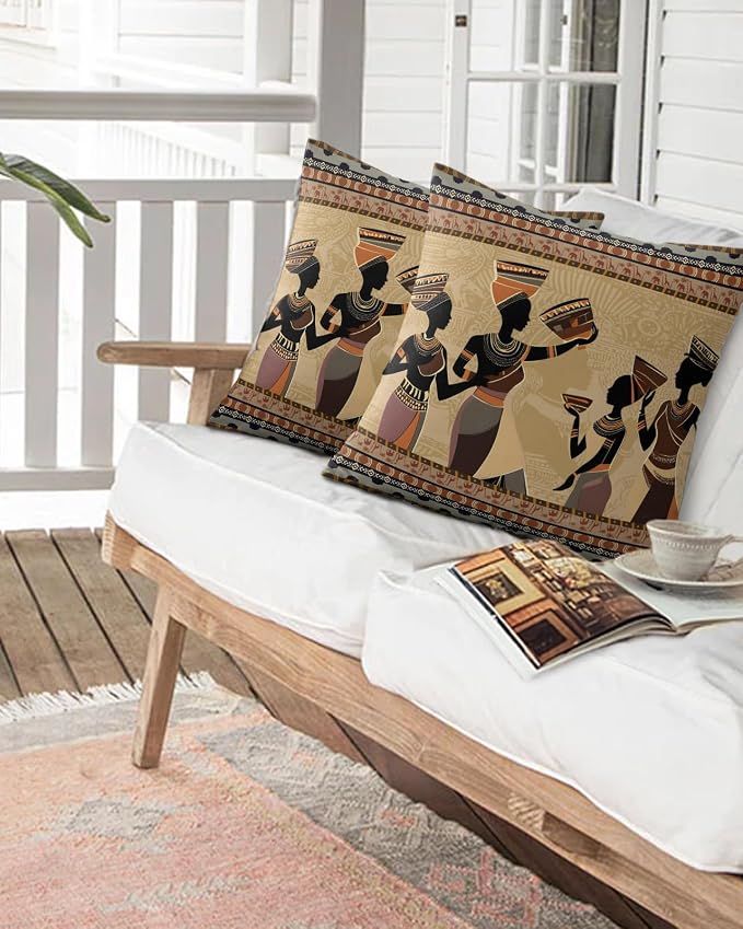 Outdoor Waterproof Throw Pillows 18x18in, African Black Woman Ethnic Stripes Patio Pillows Pack of 2,Decorative Pillow Covers with Insert,Pillow Cushion Case for Garden Couch Sofa Traditional Style
