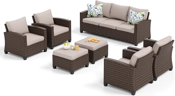 SUNSHINE VALLEY Patio Furniture Set Outdoor Furniture Brown Wicker Rattan Patio Conversation Sets with Cushion Outside Sofa Set,7 Pieces 9 Seats,Beige