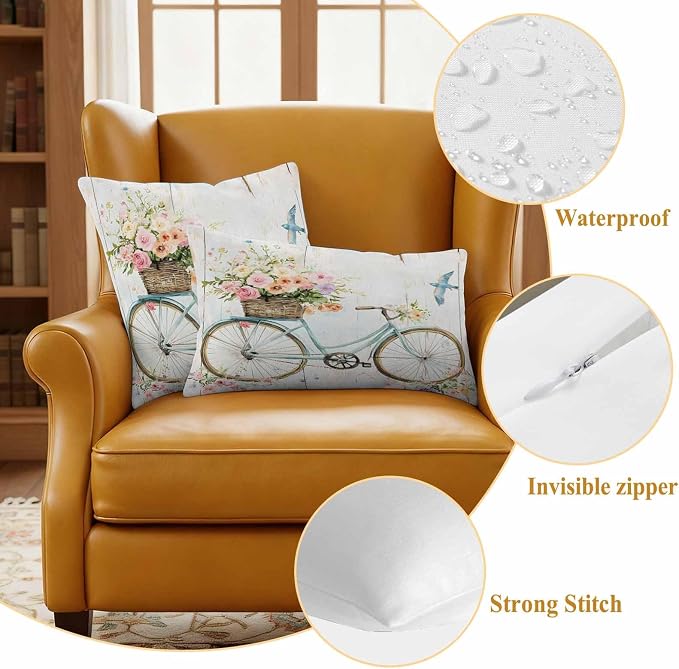 Teamery Outdoor Waterproof Pillow Covers Pastoral Blossom Blue Bike Throw Cushion Case, Vintage Wooden Plank Pillowcase for Bed,Sofa,Couch, Patio Furniture,20x12in, 2Pack Decorative Pillows Protector