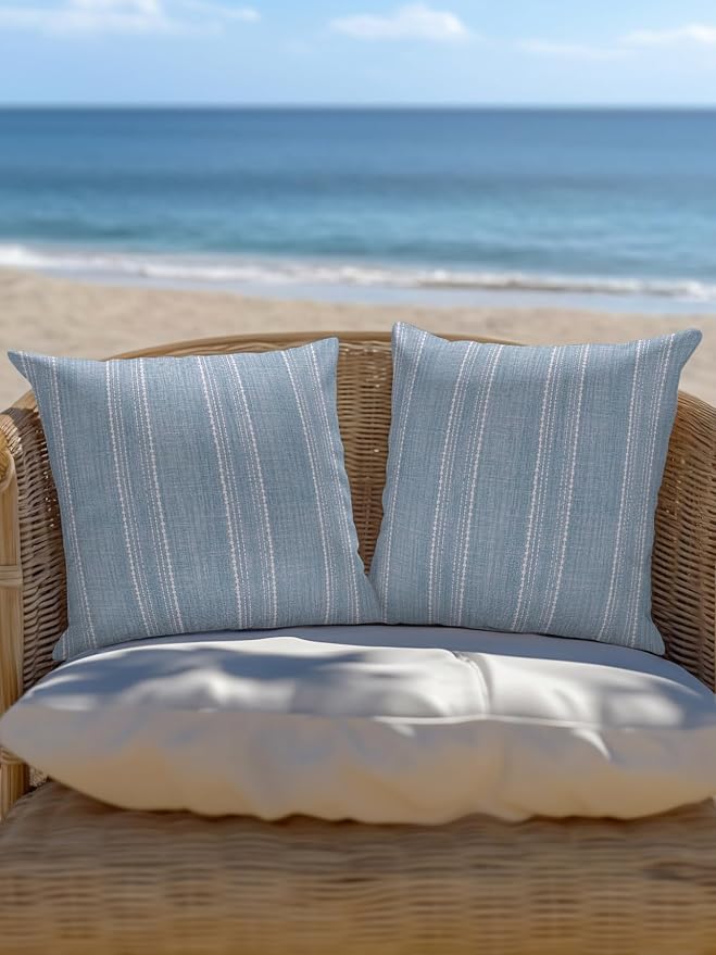 Vandarllin Waterproof Outdoor Pillow Set of 2 Haze Blue Linen Stripes Decorative Throw Pillows Cover & Insert 16x16 Inch Pillowcase Parallel Vertical Lines Pillows for Couch Sofa Bed Patio Furniture