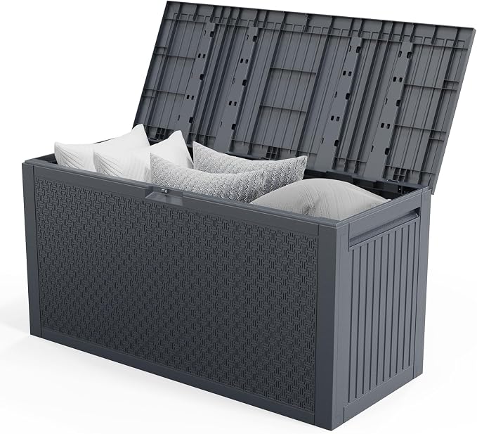 90 Gallon Outdoor Storage Deck Box with Wheels, Waterproof Resin Garden Storage Box Chest for Patio Furniture Cushions & Garden Tools, Lockable Seat Bench, Gray