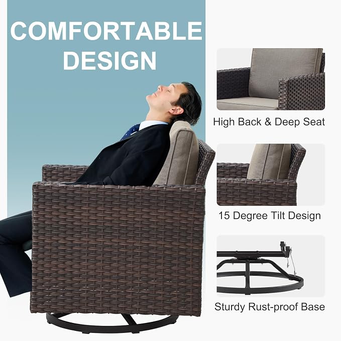 Belord Wicker Patio Furniture 5 Piece Outdoor Sofa Set, Oversize Outdoor Swivel Rocker Chairs with Rattan Ottomans, Conversation Sets Patio Furniture Come with Removable Cushion Grey, Anti-Rust Frame