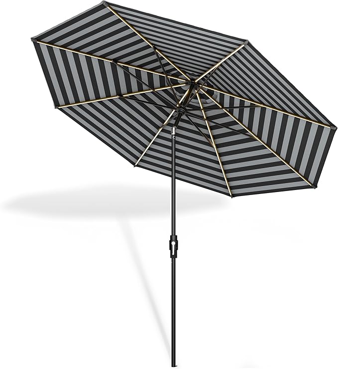 Midtown Umbrellas Led Swilt Sunbrella Umbrella, 8 Foot Patio Umbrella In Sunbrella Black & White Acrylic Fabric - Deck Patio Umbrella, Backyard Umbrella, Garden Umbrella & Pool Umbrella - Black Pole