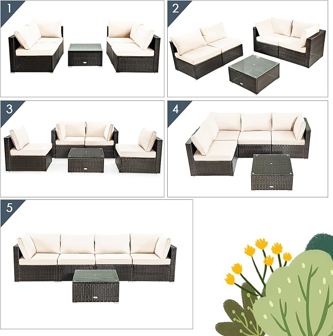 HAPPYGRILL 5 Pieces Patio Furniture Set Outdoor Rattan Wicker Sofa Set with Coffee Table Sectional Sofa Conversation Set with Pillows Cushions for Backyard Porch Garden Poolside