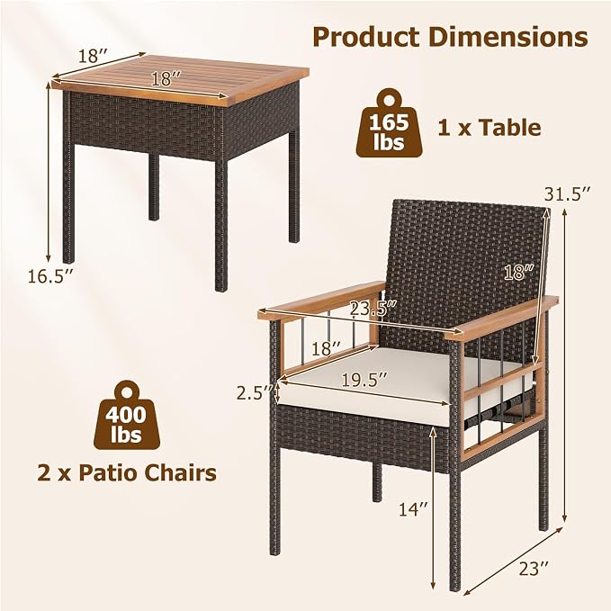 HAPPYGRILL 3 Piece Patio Conversation Set, Outdoor Wicker Furniture Set with Acacia Wood Coffee Table, 2 Rattan Chairs & Cushions, Patio Bistro Set for Porch, Garden, Backyard, Poolside