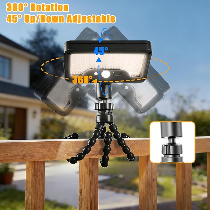 Motion Sensor Solar Lights Outdoor with Octopus Tripod, 360° Rotatable 600LM 92 LED Fence Light with Remote Control, 3 Color Modes, IP65 Waterproof Security Light for Deck Fence Camping (2 Pack)