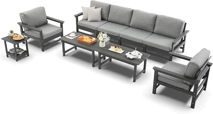 HDPE Outdoor Patio Furniture Set, 9-Piece Sofa Set with 4-Seat Couch, 2 Armchairs,Side Table & 2 Coffee Tables, Weatherproof Conversation Set with Cushions,for Garden, Porch & Backyard