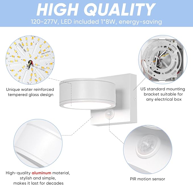 Motion Sensor Outdoor Lights with 3000K/4000K/5000K Adjustable, Aluminum White LED Outdoor Wall Sconce, Modern Outside Exterior Lighting Fixtures for Porch,House, Doorway, Garage,Front