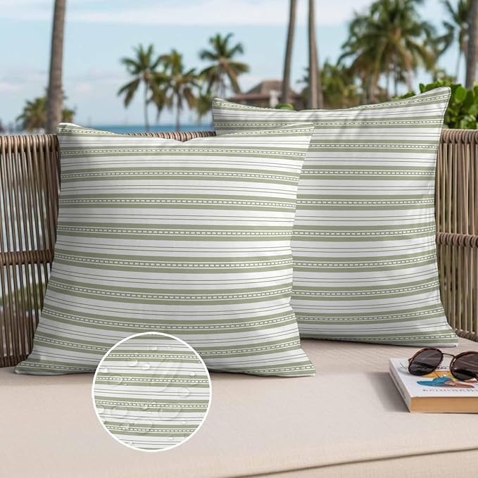 Boho Sage Green Stripe Waterproof Outdoor Pillow Covers Set of 2 Home Decor, Abstract Geometric White Minimalist Pillowcase Patio Pillow Covers for Couch Bench Furniture Garden 20x20in