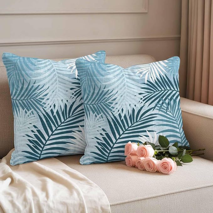 Teal Palm Leaves Waterproof Outdoor Pillow Covers Set of 2 Home Decor, Summer Tropical Leaf Plant Pillowcase Patio Pillow Covers for Couch Bench Patio Furniture Garden 16x16in