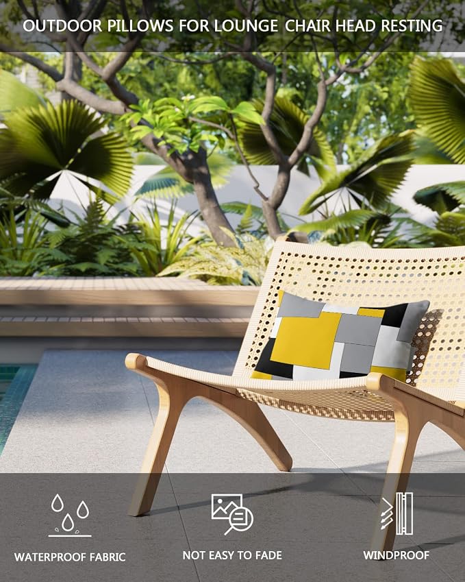 Outdoor Pillows Covers with Inserts Abstract Art Patchwork Black and Yellow Waterproof Recliner Pillow with Adjustable Strap Throw Pillows for Patio Furniture Pool Lounge Chair, 11x16 inch, 2PCS