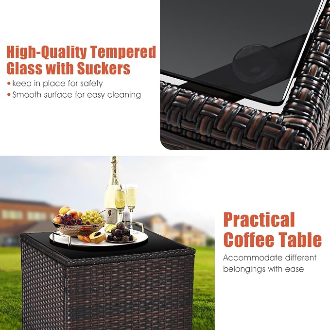 3-Pieces Patio Furniture Set, PE Wicker Chairs Sofa Set with Removable Cushions & Glass Top Side Table, Outdoor Wicker Rattan Conversation Chair for Porch,Backyard, Balcony (Orange)