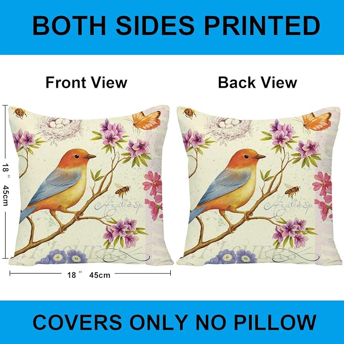 Outdoor Bird Decorative Throw Pillowcase, Bird Flower Both Sides Printed Spring Cushion Cotton Linen 18x18 Set of 4 Patio for Home Couch Sofa Decor