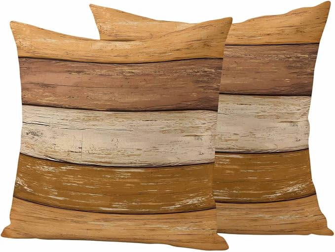 Farmhouse Yellow Brown Outdoor Waterproof Pillow Covers, Vintage Wooden Striped Decorative Square Throw Pillowcase Sofa Cushion Sham for Patio/Couch/Chair, 16"x16" 2 Pack