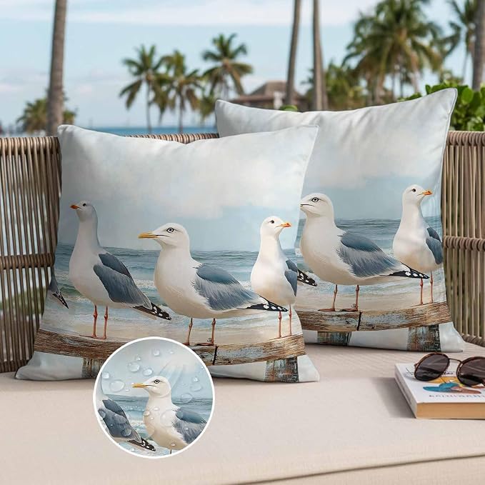 Coastal Seagull Waterproof Outdoor Pillow Covers Set of 2 Home Decor, Summer Beach Ocean Bird Watercolor Pillowcase Patio Pillow Covers for Couch Bench Furniture Garden 26x26in
