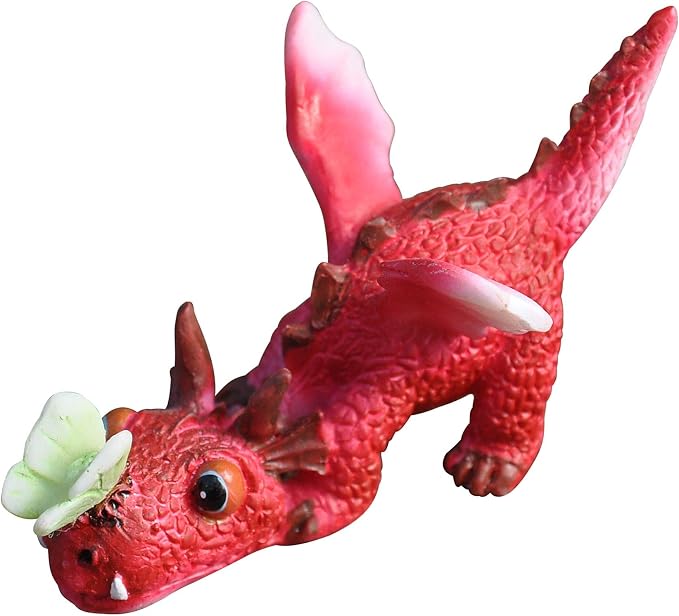 Top Collection Miniature Fairy Garden and Terrarium Mini Red Dragon Playing with Butterfly Figurine