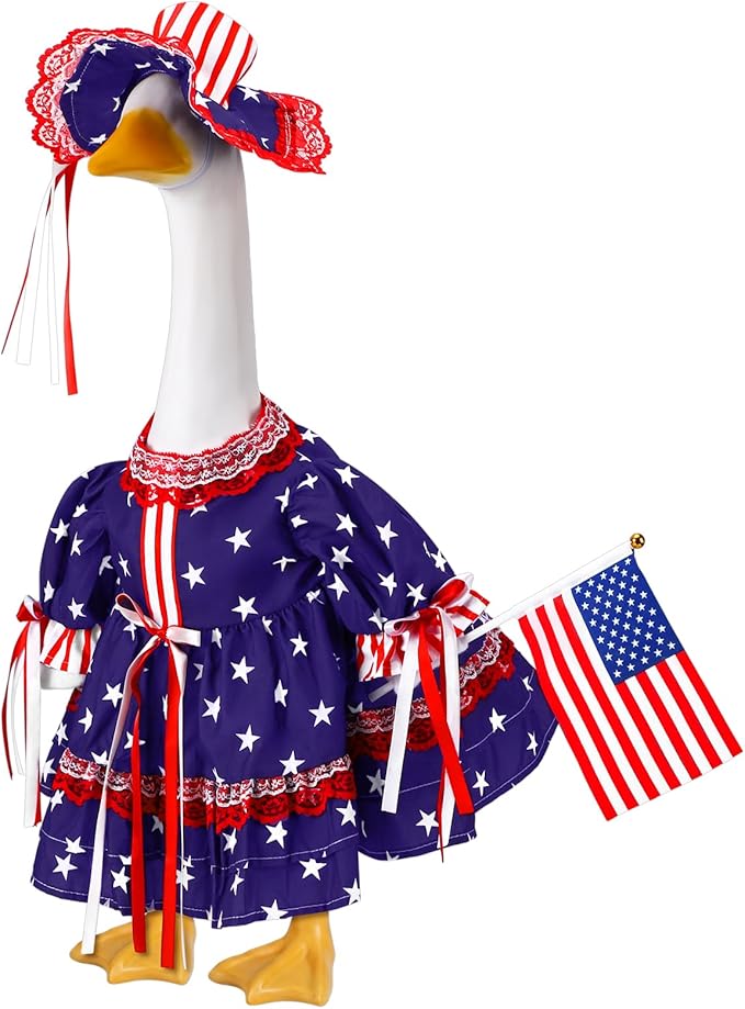 Outus 4th of July Porch Goose Outfit Includes Independence Day Dresses Clothes Hat and American Flag 23 Inch Patriotic Goose Porch Clothing for 4th of July 250th Anniversary Garden Yard Decoration