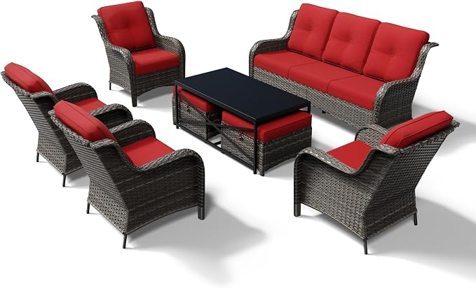 Joyside 8 Piece Wicker Patio Furniture Set, Rattan Patio Chairs with High Back, Deep Seating, Wide Armrest, Thickened Cushions, Outdoor Furniture for Deck, Porch Use