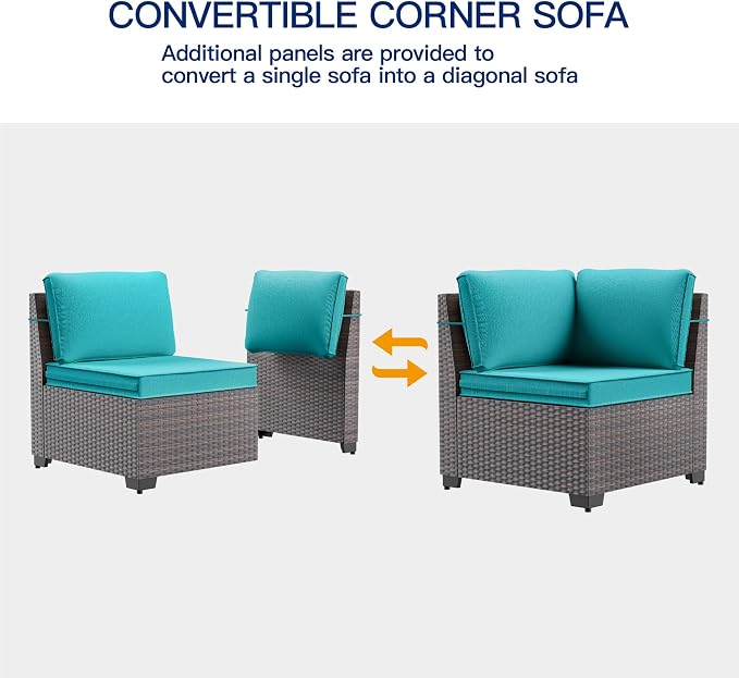 6 Pieces Patio Furniture Sets with Glass Tea Table,PE Rattan Wicker Patio Conversation Set with Washable Cushions,Outdoor Patio Sectional Furniture Set for Backyard, Poolside, Garden,Blue