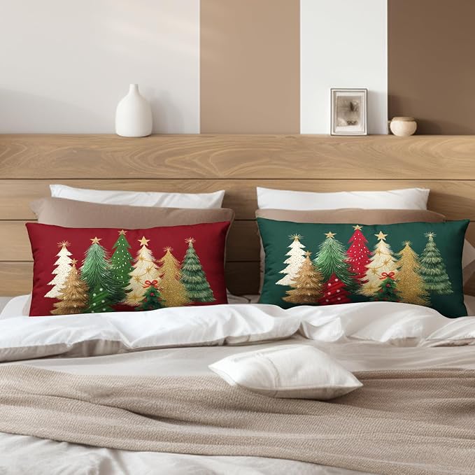 Green and Red Christmas Lumbar Pillow Covers Set of 2 Colorful Xmas Tree Throw Pillow Covers 12x20 Winter Rectangular Pillow Case Holiday Cushion Case for Couch Sofa Decor