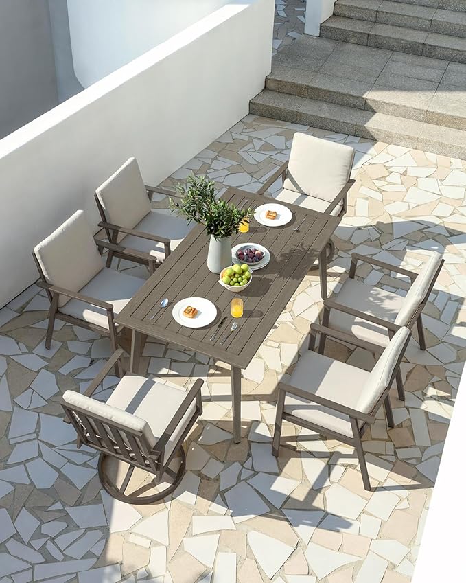 7 Pieces Outdoor Dining Set for 6, Never-Rust Aluminum Patio Swivel Dining Set with 2.2" Umbrella Hole, Outdoor Patio Furniture Set with 2 Swivel Chairs for Decks, Garden, Pool, Limed Oak