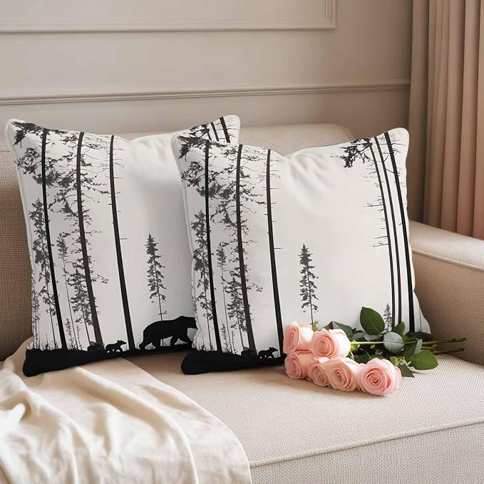 Abstract Outdoor Waterproof Throw Pillow Covers Set of 2, 18"x18", Animal Bear Family Forest Trees Silhouette Decorative Pillow Covers Outside Cushion Case for Patio Porch Garden