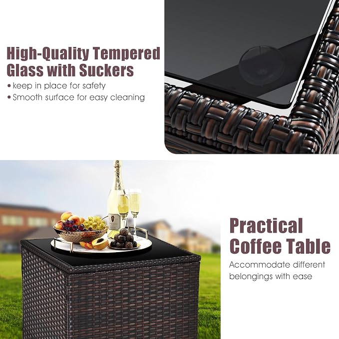 3-Pieces Patio Furniture Set, PE Wicker Chairs Sofa Set with Removable Cushions & Glass Top Side Table, Outdoor Wicker Rattan Conversation Chair for Porch,Backyard, Balcony (Grey)