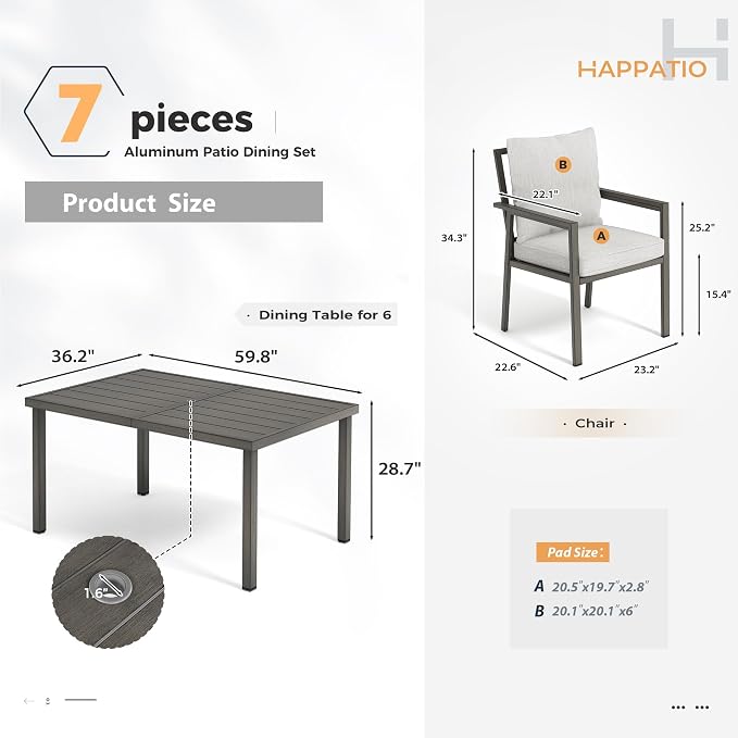 HAPPATIO Patio Dining Set for 6, 7-Piece Outdoor Aluminum Dining Furniture Set, 6 Cushioned Dining Chairs and Table for Deck Yard Poolside, Rust-Proof, Weather-Resistant, Easy Assembly