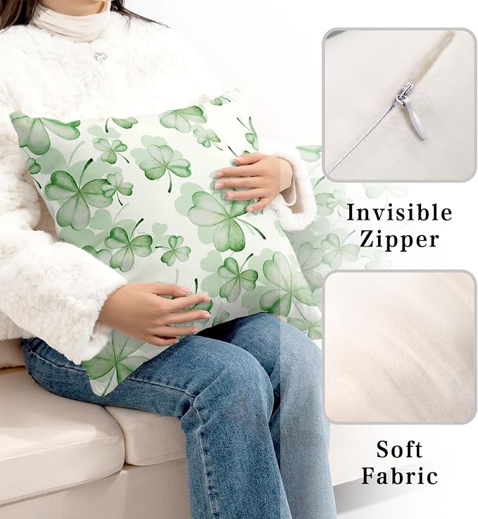 Spring Pillow Covers 20x20 Green Shamrock Pillows Cushion Cases Set of 2 Lucky Clover Decor Pillow Cases March Decorations for Indoor Living Room Couch