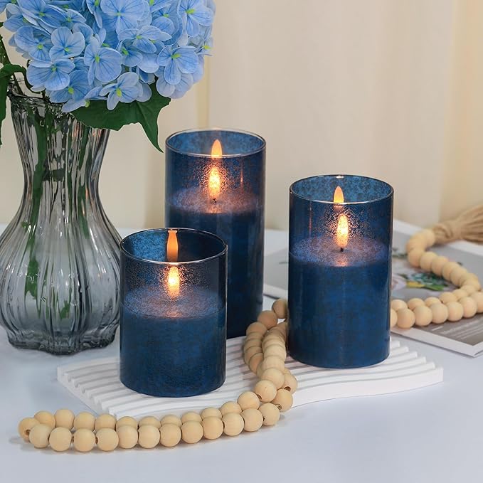 Flickering Flameless Candles with Remote - 3D Wick Battery Operated Candles with Timer, Blue Glass Fake LED Candles for Party Wedding Birthday Holiday Festival Christmas Home Decor Gifts