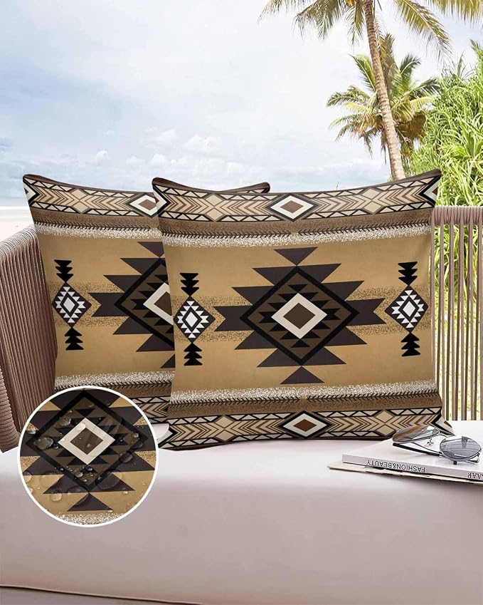 Vandarllin Outdoor Throw Pillows Covers 16x16 inch Set of 2 Waterproof Tribal Style Decorative Zippered Cushion Covers for Patio Furniture, Brown Southwest Native American Lumbar Pillowcases
