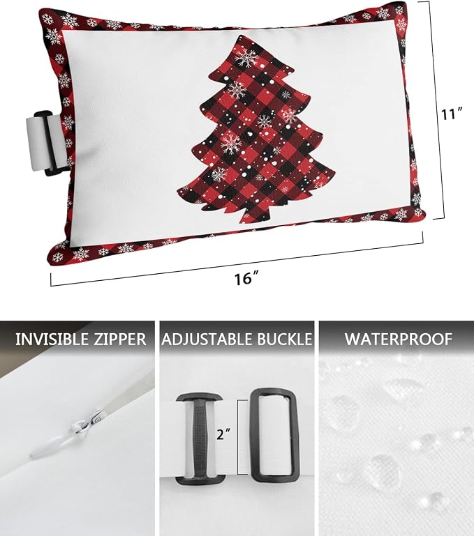Outdoor Pillows Covers with Inserts Christmas Red Black Buffalo Check Plaid Waterproof Recliner Pillow with Adjustable Strap Throw Pillows for Patio Furniture Pool Lounge Chair, 11x16 inch, 1PCS