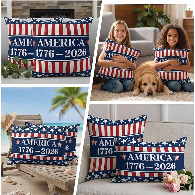 Outdoor Pillow Covers Waterproof, 250 Year American Anniversary Flag Decorative Square Throw Pillowcases Patio Cushion Covers for Tent/Garden, 20" x 20" 2 Pack, Blue Red USA
