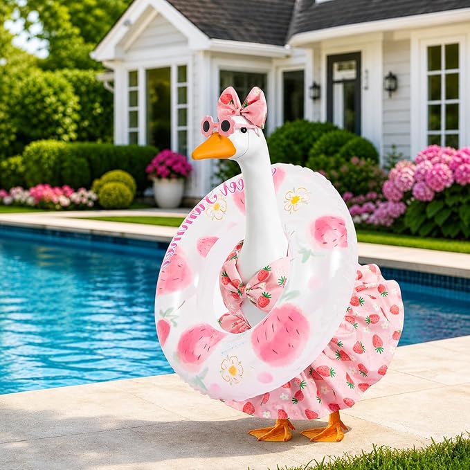 Summer Porch Goose Outfit with Sunglasses and Swim Ring for 23" Goose Statue Hawaiian Bikini Goose Outfits Porch Goose Clothes Costume for Garden Lawn Yard Decor(Strawberry)
