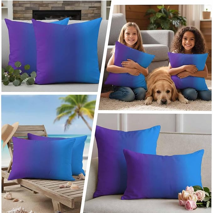 Purple Blue Ombre Outdoor Pillow Covers Waterproof, All Weather Cushion Case Set of 2, Modern Color Gradient Striped Decorative Pillowcases for Sofa Couch Bed Decor Patio Furniture 16"x16"