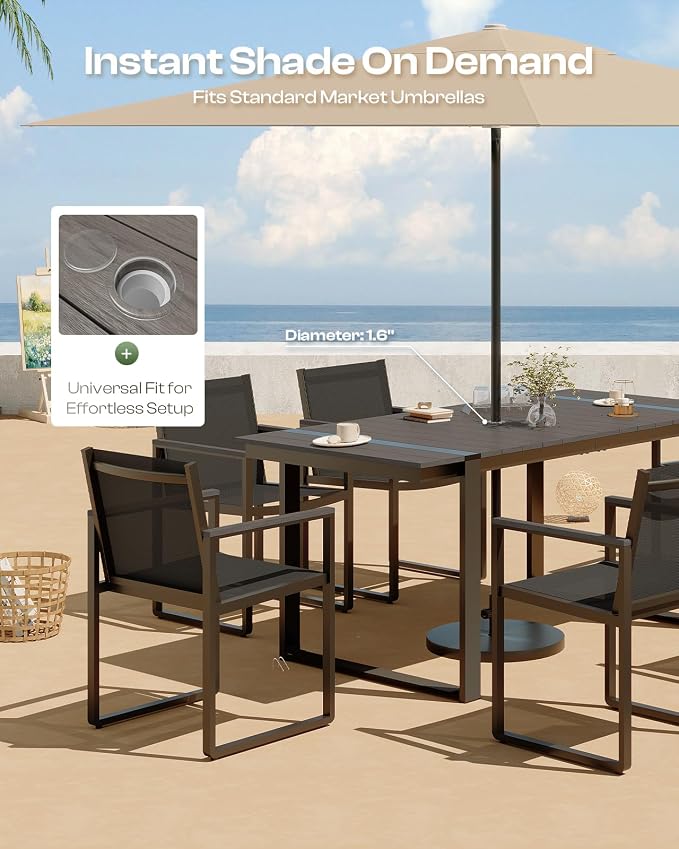 Outdoor Dining Set, Patio Table and Chairs Set, 7 Piece HDPS + Aluminum Patio Furniture Set with Umbrella Hole, Patio Dining Table Set (Charcoal)