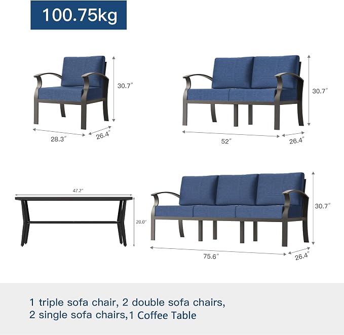 Kullavik Aluminum Patio Furniture Set,6 Piece Modern Metal Outdoor Patio Furniture w/5.1'' Thick Cushion,Swivel Chairs and Rectangular Coffee Table,Patio Conversation Sets for Porch,Deck,NavyBlue