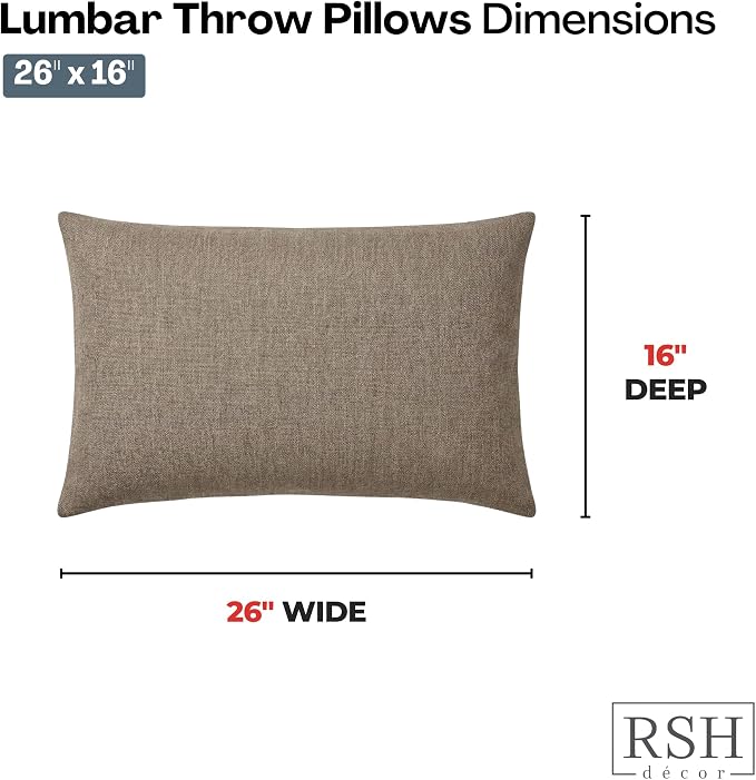 RSH DECOR: Sunbrella Jumbo Lumbar Pillows Set of 2 | 26" x 16" | Water & Fade-Resistant Performance Fabric | Outdoor Pillow Covers with Down-Alternative Inserts | Made in USA (Spectrum Mushroom Brown)