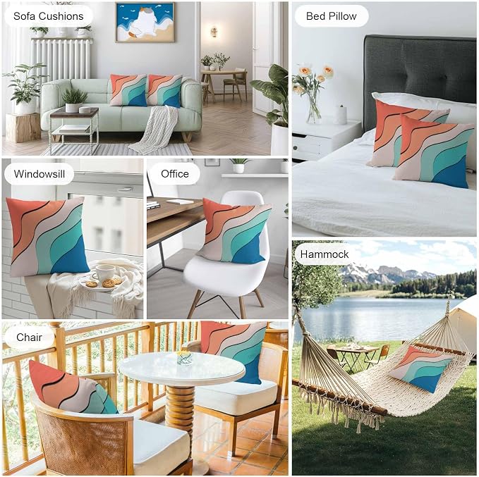 Orange Teal Ombre Outdoor Pillow Covers 24x24 Inch Throw Pillow Covers Set of 2 Waterproof Decorative Pillow Cases Modern Moire Abstract Art Cushion Covers for Patio Furniture Garden Couch Sofa
