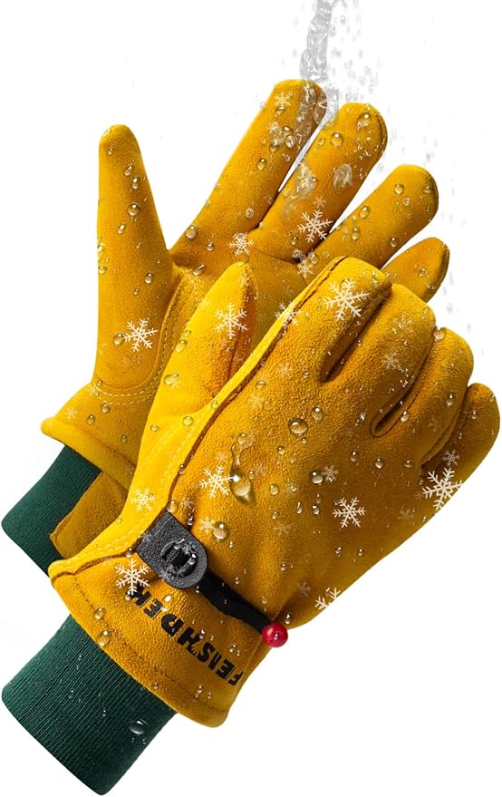 Kids Waterproof Winter Work Gloves, Insulated Warm Windproof(Age 12-14, XL) | Soft Deerskin Suede Leather, Elastic Cuff, Adjustable Band, 4 Size Choosable Kids Cold Weather Gloves for Children Toddler