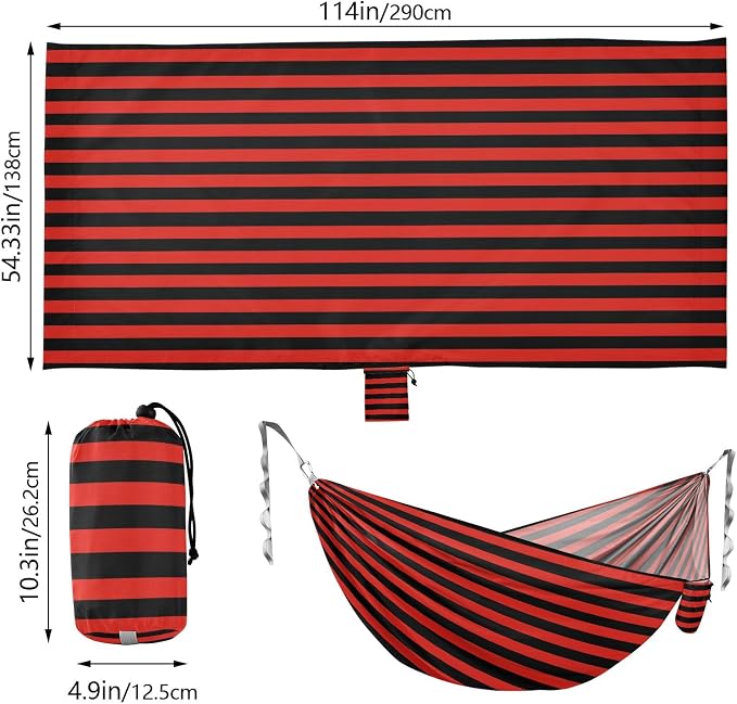 Camping Hammock Outdoor Hammocks for Outside Black Red Stripe Beach Trees Portable Lightweight with Pockets Tree Straps Indoor