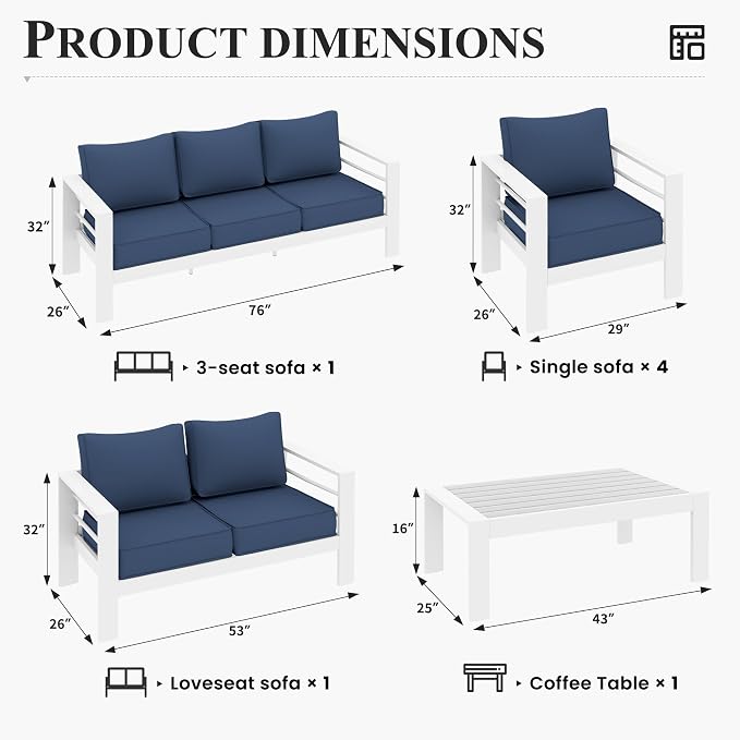 Aluminum Patio Furniture Set, 7 Piece Metal Outdoor Furniture Set, Patio Set with Waterproof Covers for Backyard Garden（White&Blue）
