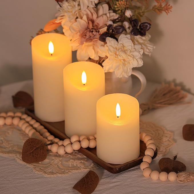Flameless Candles with Remote, Real Wax Battery Operated Candles with Timer, 3D Wick Ivory Fake LED Candles for Christmas Gifts Home Decor Party Wedding, D3 x H4/5"/6", Set of 3