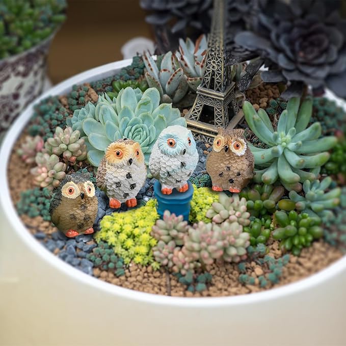 4pcs Mini Resin Owls and 1pcs Branch, Miniature Owl Figurines for Fairy Garden Accessories, Plant Pot, Bonsai Craft Decor, Cake Topper, DIY Home Micro Landscape Ornaments