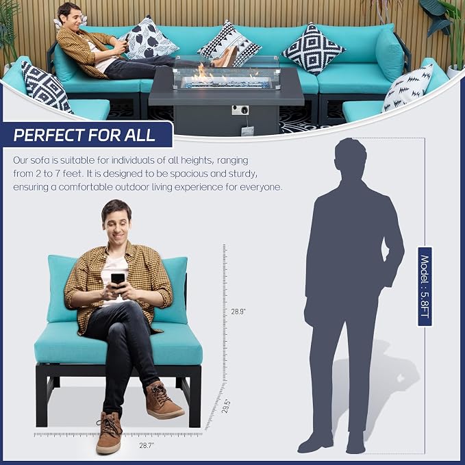 BULEXYARD 6 Person Large Modern Aluminum Outdoor Patio Furniture Set with Fireplace, 29" Wide Deep Seating, L Shaped Combo Sectional Couch, Water Resistant Conversation Set for Backyard Terrace, Teal
