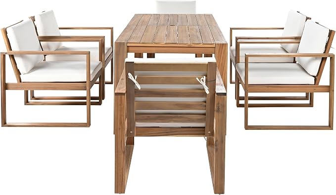 7 Piece Patio Dining Table Set with Umbrella Hole, Outdoor Acacia Wood Furniture Set with Removable Cushion for Garden, Backyard, Lawn, Poolside (Beige,Light Teak)