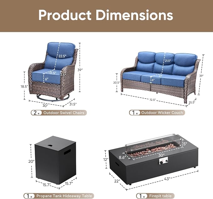 HUMMUH Luxury Patio Furniture Set 6-inch Thick Cushions High Back Swivel Rocker Chairs & 3 Seater-Couch & Steel Fire Pit Table 5 Pieces Outdoor Conversation Set for Porch,Deck,Backyard