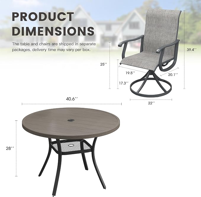 Outdoor Dining Set for 4, 40.6" Metal Round Outdoor Dining Table with Umbrella Hole and Sling Patio Swivel Chairs, 5 Pieces Patio Table and Chairs Set for Garden Backyard, Grey